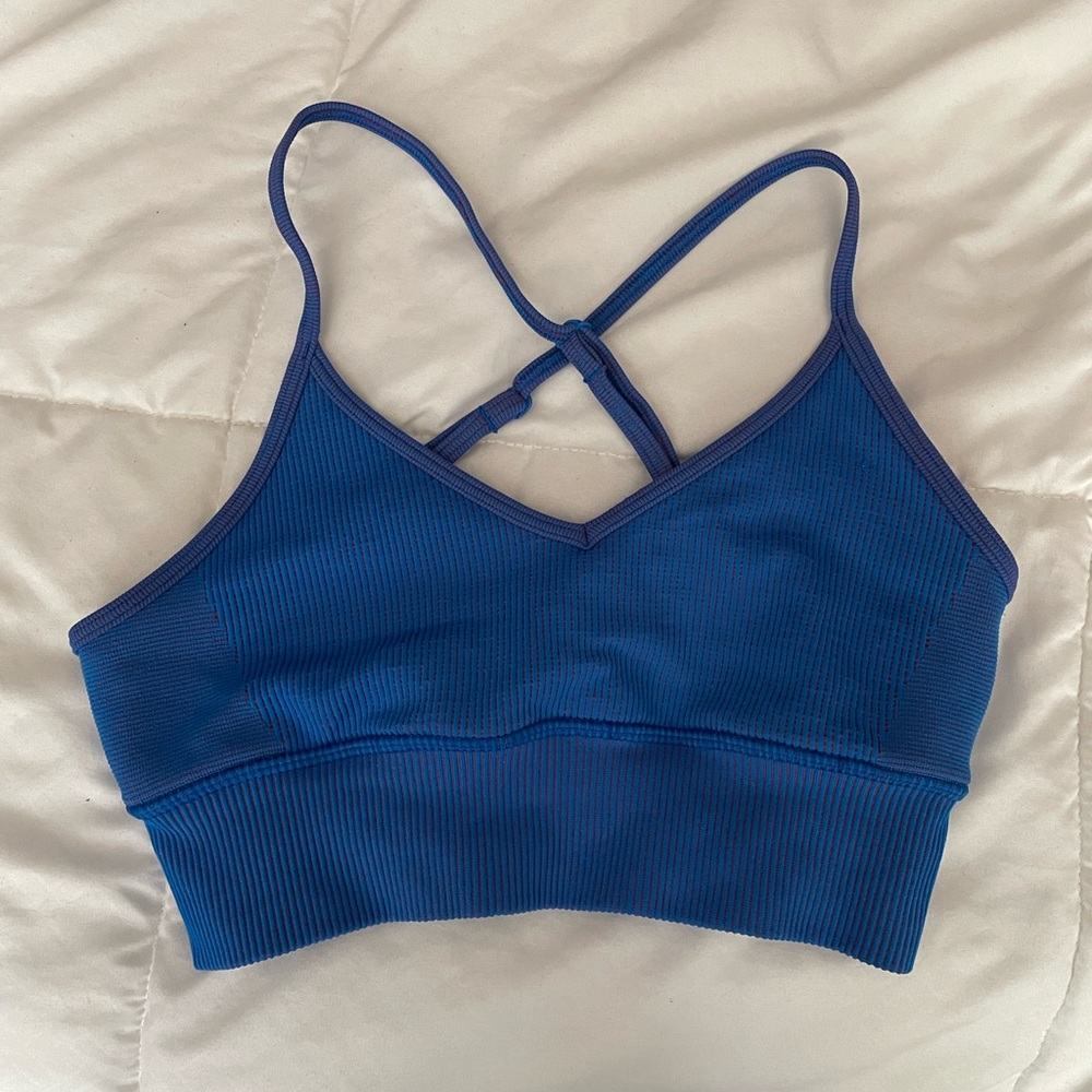 ALO Yoga Blue Ribbed Strappy Sports Bra